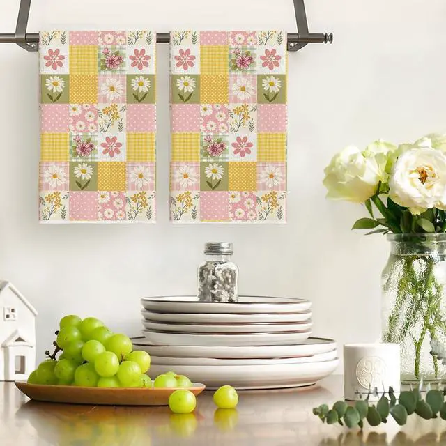 Alt view image 2 of 6 - Artoid Mode Checkered Design Daisy Floral Spring Kitchen Towels Dish Towels, 18x26 Inch Farmhouse Summer Decoration Cleaning Set of 2