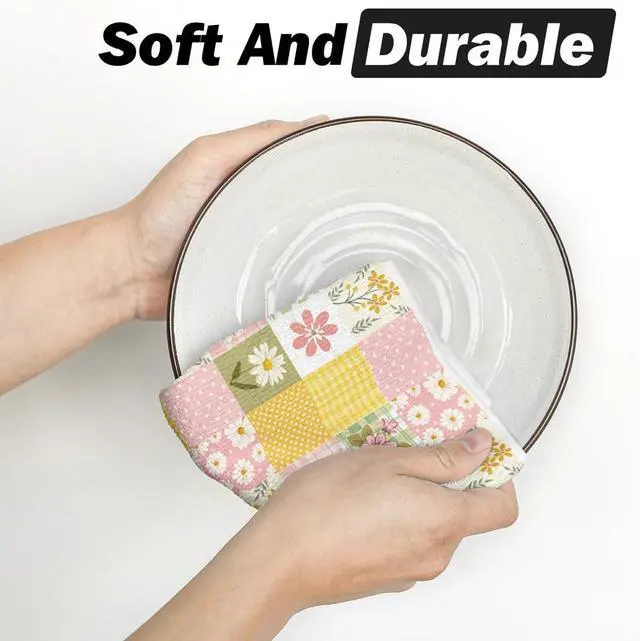 Alt view image 5 of 6 - Artoid Mode Checkered Design Daisy Floral Spring Kitchen Towels Dish Towels, 18x26 Inch Farmhouse Summer Decoration Cleaning Set of 2