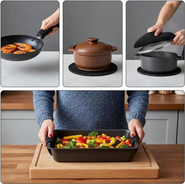 Alt view image 6 of 7 - Silicone Trivet Mats, 4-Pack Heat Resistant Pot Holders Non-Slip Flexible Silicone Hot Pads for Pots, Pans, Countertops & Table Protection (Black - 4 Pack, 7 Inch)