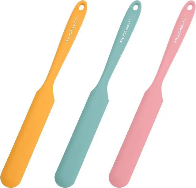 Main image of 3pcs Silicone Jar Spatulas 10in Long Skinny Heat-Resistant, Narrow Spatula Set for Scraping Peanut Butter, Sourdough, Jam in Small Containers, Blenders & Baking (Yellow & Green & Pink)