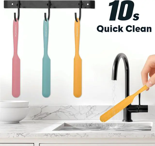 Alt view image 7 of 7 - 3pcs Silicone Jar Spatulas 10in Long Skinny Heat-Resistant, Narrow Spatula Set for Scraping Peanut Butter, Sourdough, Jam in Small Containers, Blenders & Baking (Yellow & Green & Pink)