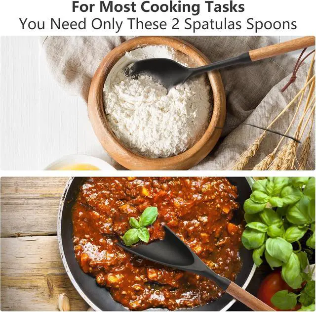 Alt view image 3 of 7 - 2 Pcs Silicone Spatula Spoon Set with Wood Handle - Kitchen Cooking Utensil for Non-Stick Pans, Mixing & Serving - Heat Resistant Flexible & Ladle for Cooking, Flipping, Stirring