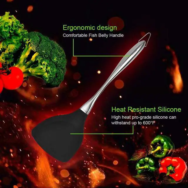 Alt view image 4 of 7 - Honglida Premium Silicone Wok Turner BPA Free 600ºF Spatula Stainless Steel Handle 14-1/5 Inch for Non Stick Cookware (Black)