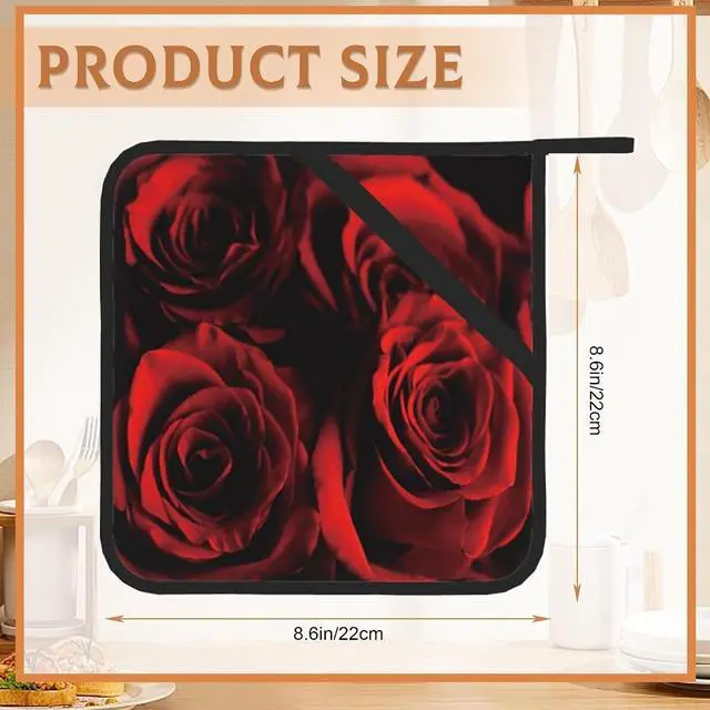 Alt view image 2 of 7 - 2PCS Rose Pot Holder with Loop,Abstract Red Black Rose Heat Resistant Oven Pads, Hot Pat for Kitchen Cooking Baking Food