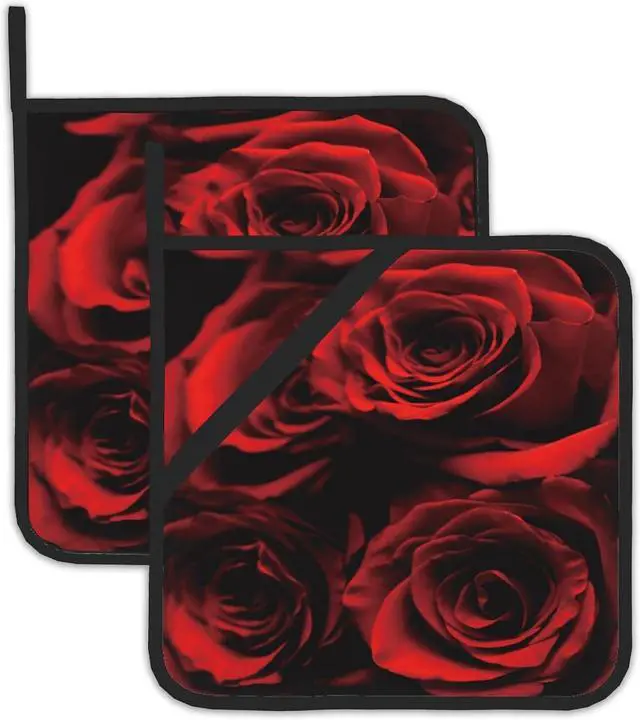 Main image of 2PCS Rose Pot Holder with Loop,Abstract Red Black Rose Heat Resistant Oven Pads, Hot Pat for Kitchen Cooking Baking Food