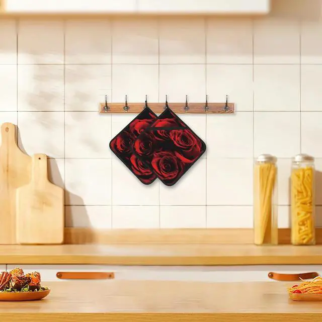 Alt view image 6 of 7 - 2PCS Rose Pot Holder with Loop,Abstract Red Black Rose Heat Resistant Oven Pads, Hot Pat for Kitchen Cooking Baking Food