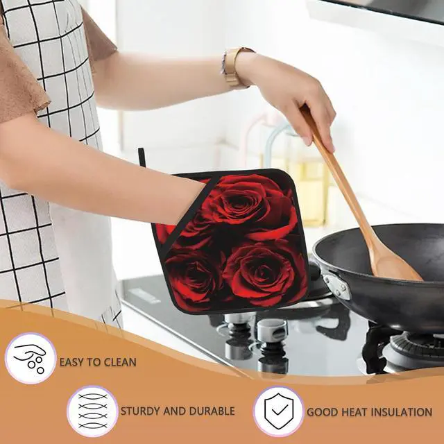 Alt view image 4 of 7 - 2PCS Rose Pot Holder with Loop,Abstract Red Black Rose Heat Resistant Oven Pads, Hot Pat for Kitchen Cooking Baking Food