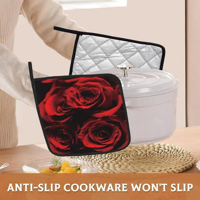 Alt view image 5 of 7 - 2PCS Rose Pot Holder with Loop,Abstract Red Black Rose Heat Resistant Oven Pads, Hot Pat for Kitchen Cooking Baking Food