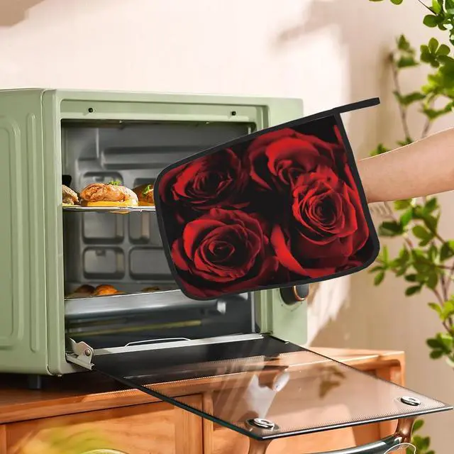 Alt view image 7 of 7 - 2PCS Rose Pot Holder with Loop,Abstract Red Black Rose Heat Resistant Oven Pads, Hot Pat for Kitchen Cooking Baking Food