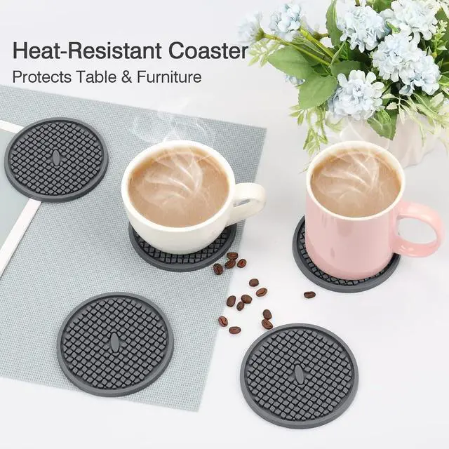 Alt view image 5 of 7 - 3 Pack Silicone Coasters for Drinks, Thickened Coaster with Deep Tray Grooved Design Cup Mat, Washable Heat Resistant Durable Non-Slip Coasters for Coffee Table Wooden Desk Kitchen Bar (Dark Grey)