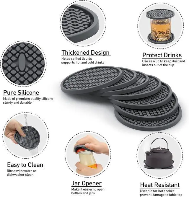 Alt view image 6 of 7 - 3 Pack Silicone Coasters for Drinks, Thickened Coaster with Deep Tray Grooved Design Cup Mat, Washable Heat Resistant Durable Non-Slip Coasters for Coffee Table Wooden Desk Kitchen Bar (Dark Grey)
