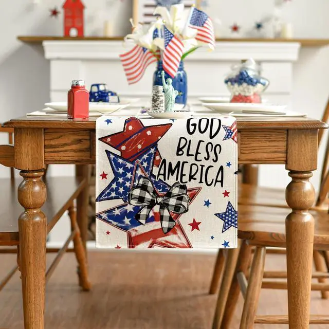 Alt view image 2 of 7 - Artoid Mode God Bless America Stars Patriotic 4th of July Table Runner, Memorial Day Kitchen Dining Table Decoration for Home Party Decor 13x72 Inch
