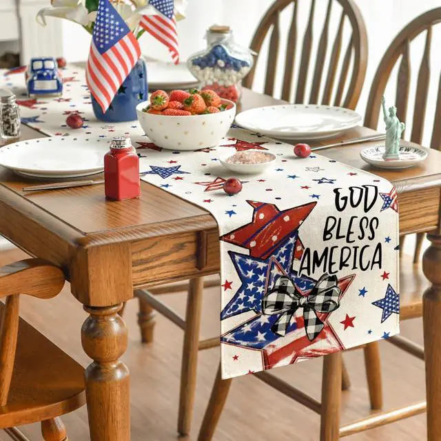 Alt view image 4 of 7 - Artoid Mode God Bless America Stars Patriotic 4th of July Table Runner, Memorial Day Kitchen Dining Table Decoration for Home Party Decor 13x72 Inch