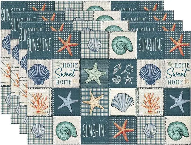Main image of Artoid Mode Dark Blue Plaid Starfish Conch Summer Placemats Set of 4, 12x18 Inch Seasonal Sunshine Table Mats for Party Kitchen Dining Decoration