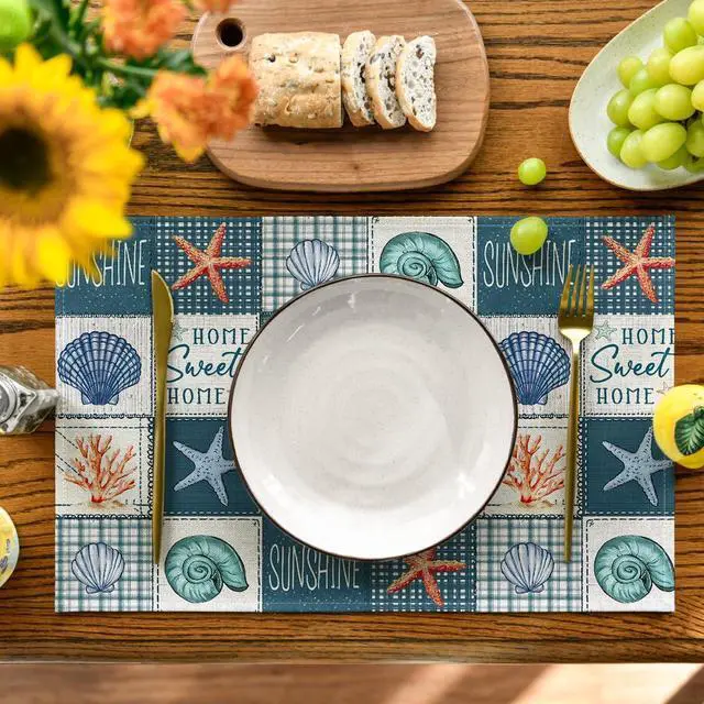 Alt view image 2 of 7 - Artoid Mode Dark Blue Plaid Starfish Conch Summer Placemats Set of 4, 12x18 Inch Seasonal Sunshine Table Mats for Party Kitchen Dining Decoration
