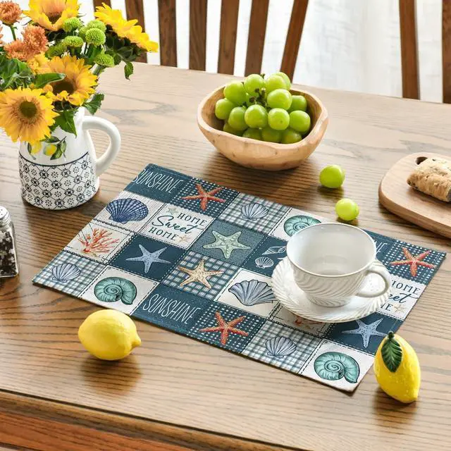 Alt view image 3 of 7 - Artoid Mode Dark Blue Plaid Starfish Conch Summer Placemats Set of 4, 12x18 Inch Seasonal Sunshine Table Mats for Party Kitchen Dining Decoration
