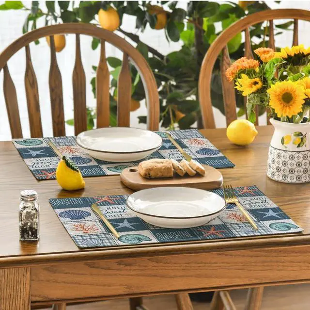 Alt view image 4 of 7 - Artoid Mode Dark Blue Plaid Starfish Conch Summer Placemats Set of 4, 12x18 Inch Seasonal Sunshine Table Mats for Party Kitchen Dining Decoration