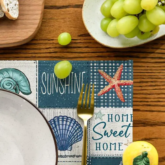 Alt view image 6 of 7 - Artoid Mode Dark Blue Plaid Starfish Conch Summer Placemats Set of 4, 12x18 Inch Seasonal Sunshine Table Mats for Party Kitchen Dining Decoration