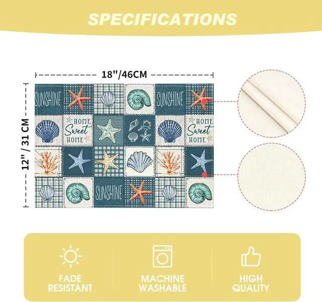 Alt view image 7 of 7 - Artoid Mode Dark Blue Plaid Starfish Conch Summer Placemats Set of 4, 12x18 Inch Seasonal Sunshine Table Mats for Party Kitchen Dining Decoration
