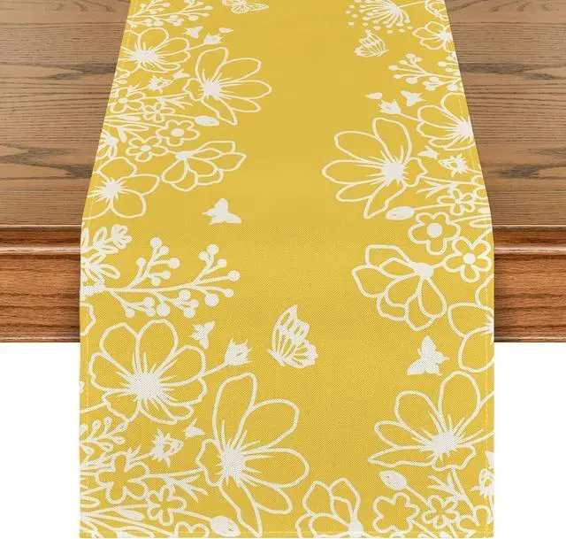 Main image of Artoid Mode Yellow Bloom Flowers Butterfly Spring Table Runner, Seasonal Holiday Kitchen Dining Table Decoration for Home Party Indoor 13x72 Inch