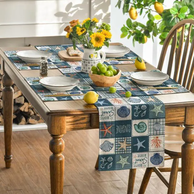 Alt view image 5 of 7 - Artoid Mode Dark Blue Plaid Starfish Conch Summer Placemats Set of 4, 12x18 Inch Seasonal Sunshine Table Mats for Party Kitchen Dining Decoration
