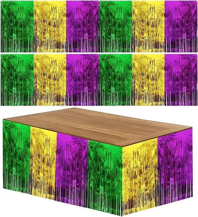 Main image of URATOT 2 Pack 29 x 106 Inches Mardi Gras Metallic Fringe Table Skirt Mardi Gras Decorations for Party Gold Green Purple Foil Fringe Table Skirt
