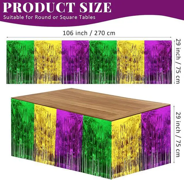 Alt view image 2 of 7 - URATOT 2 Pack 29 x 106 Inches Mardi Gras Metallic Fringe Table Skirt Mardi Gras Decorations for Party Gold Green Purple Foil Fringe Table Skirt