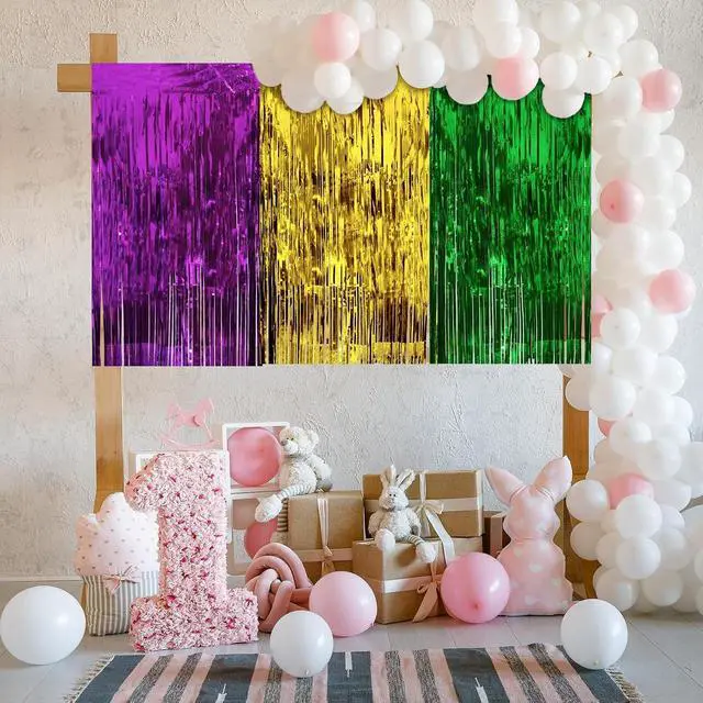 Alt view image 5 of 7 - URATOT 2 Pack 29 x 106 Inches Mardi Gras Metallic Fringe Table Skirt Mardi Gras Decorations for Party Gold Green Purple Foil Fringe Table Skirt