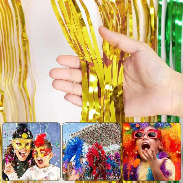 Alt view image 3 of 7 - URATOT 2 Pack 29 x 106 Inches Mardi Gras Metallic Fringe Table Skirt Mardi Gras Decorations for Party Gold Green Purple Foil Fringe Table Skirt