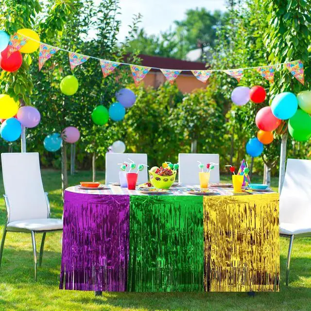 Alt view image 4 of 7 - URATOT 2 Pack 29 x 106 Inches Mardi Gras Metallic Fringe Table Skirt Mardi Gras Decorations for Party Gold Green Purple Foil Fringe Table Skirt