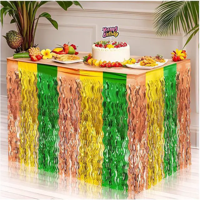 Main image of 2 Hawaiian Luau Beach Party Table Skirts, 2.5 x 9 ft | Wavy Green Brown Yellow Fringe, Metallic Tinsel Foil Fringe, Summer Tropical Birthday Photo Background