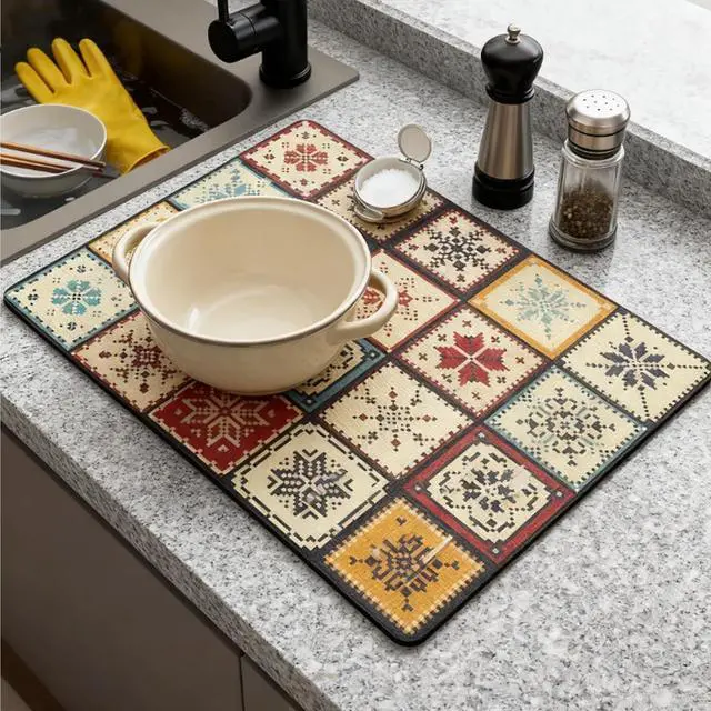 Main image of Dish Drying Mat, Quick Drying Water Draining Mat, for Kitchen Countertop | Good water absorption, multiple pattern, anti-slip, easy to clean, coffee bar accessories, bathroom counters, durable
