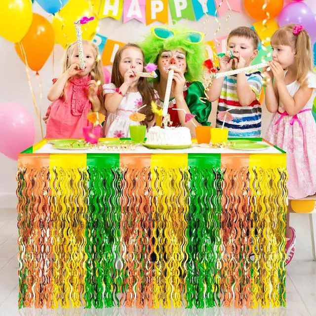 Alt view image 2 of 7 - 2 Hawaiian Luau Beach Party Table Skirts, 2.5 x 9 ft | Wavy Green Brown Yellow Fringe, Metallic Tinsel Foil Fringe, Summer Tropical Birthday Photo Background