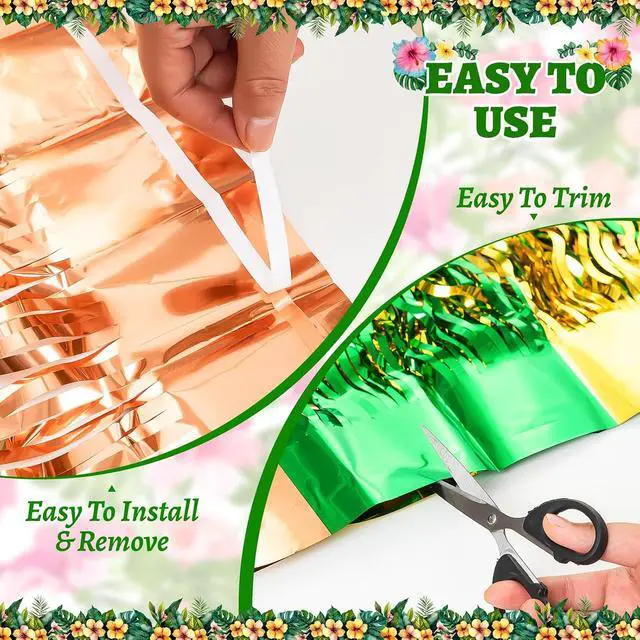 Alt view image 5 of 7 - 2 Hawaiian Luau Beach Party Table Skirts, 2.5 x 9 ft | Wavy Green Brown Yellow Fringe, Metallic Tinsel Foil Fringe, Summer Tropical Birthday Photo Background