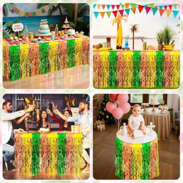 Alt view image 4 of 7 - 2 Hawaiian Luau Beach Party Table Skirts, 2.5 x 9 ft | Wavy Green Brown Yellow Fringe, Metallic Tinsel Foil Fringe, Summer Tropical Birthday Photo Background