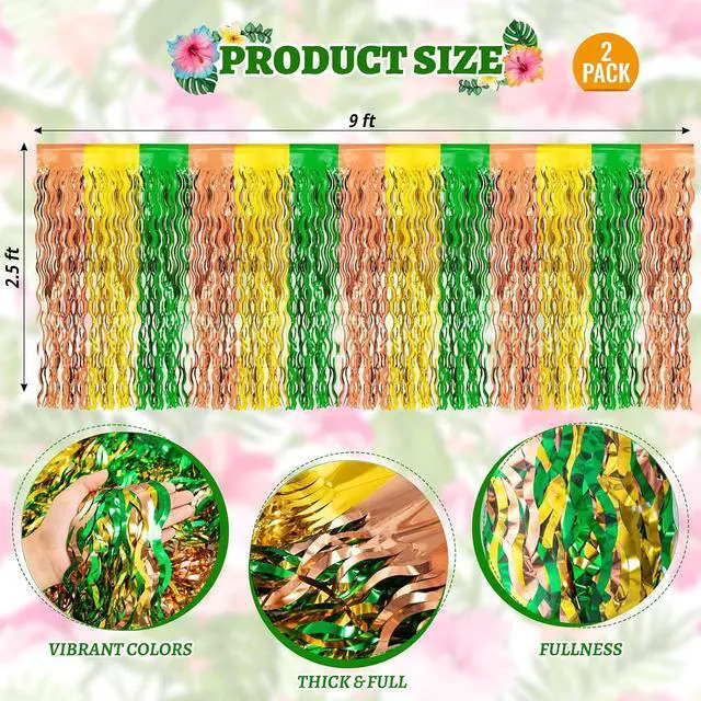 Alt view image 6 of 7 - 2 Hawaiian Luau Beach Party Table Skirts, 2.5 x 9 ft | Wavy Green Brown Yellow Fringe, Metallic Tinsel Foil Fringe, Summer Tropical Birthday Photo Background