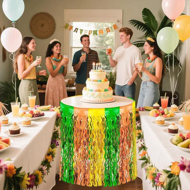 Alt view image 3 of 7 - 2 Hawaiian Luau Beach Party Table Skirts, 2.5 x 9 ft | Wavy Green Brown Yellow Fringe, Metallic Tinsel Foil Fringe, Summer Tropical Birthday Photo Background