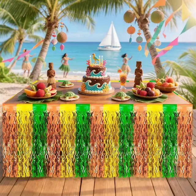 Alt view image 7 of 7 - 2 Hawaiian Luau Beach Party Table Skirts, 2.5 x 9 ft | Wavy Green Brown Yellow Fringe, Metallic Tinsel Foil Fringe, Summer Tropical Birthday Photo Background