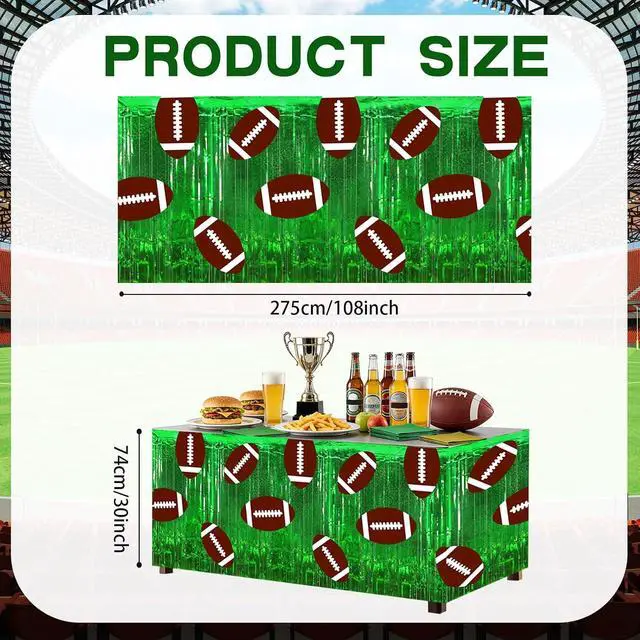 Alt view image 2 of 7 - 2 Pack Foil Fringe Tinsel Football Theme Table Skirt | 30 x 108 Inch Football Tablecloth Cover for Birthday Party Decoration