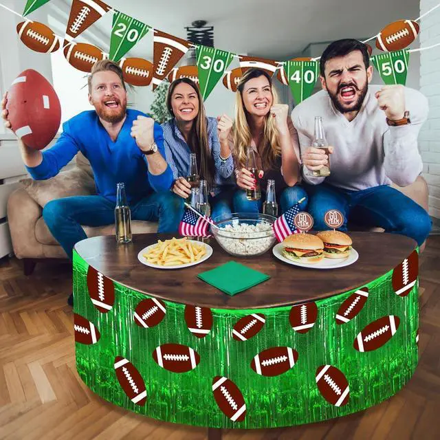 Alt view image 5 of 7 - 2 Pack Foil Fringe Tinsel Football Theme Table Skirt | 30 x 108 Inch Football Tablecloth Cover for Birthday Party Decoration