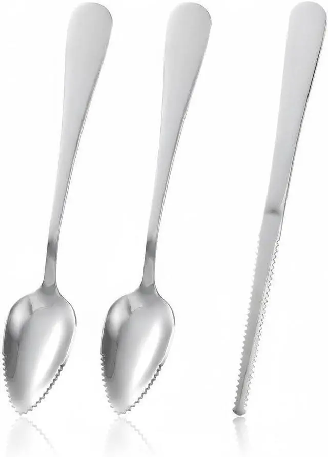 Main image of 3Pcs Grapefruit Spoon & Knife Set, Stainless Steel Grapefruit Spoon with Serrated Edge, Silver Multi-Use Kitchen Tool for Citrus, Kiwi, Dessert, Avocado & More