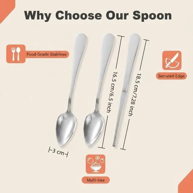 Alt view image 2 of 7 - 3Pcs Grapefruit Spoon & Knife Set, Stainless Steel Grapefruit Spoon with Serrated Edge, Silver Multi-Use Kitchen Tool for Citrus, Kiwi, Dessert, Avocado & More