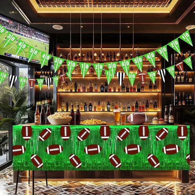 Alt view image 6 of 7 - 2 Pack Foil Fringe Tinsel Football Theme Table Skirt | 30 x 108 Inch Football Tablecloth Cover for Birthday Party Decoration