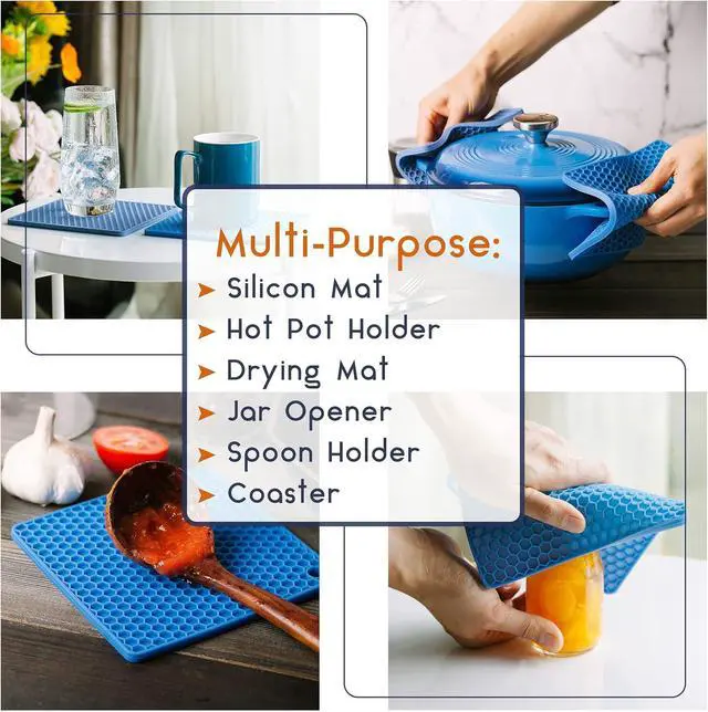 Alt view image 6 of 7 - BTaT- Silicone Trivet Mats, 2 Pack, Blue, Heat & Stain Resistant | Non Slip Hot Pads Kitchen Potholders Jar Opener Spoon Holder Food Grade Silicone