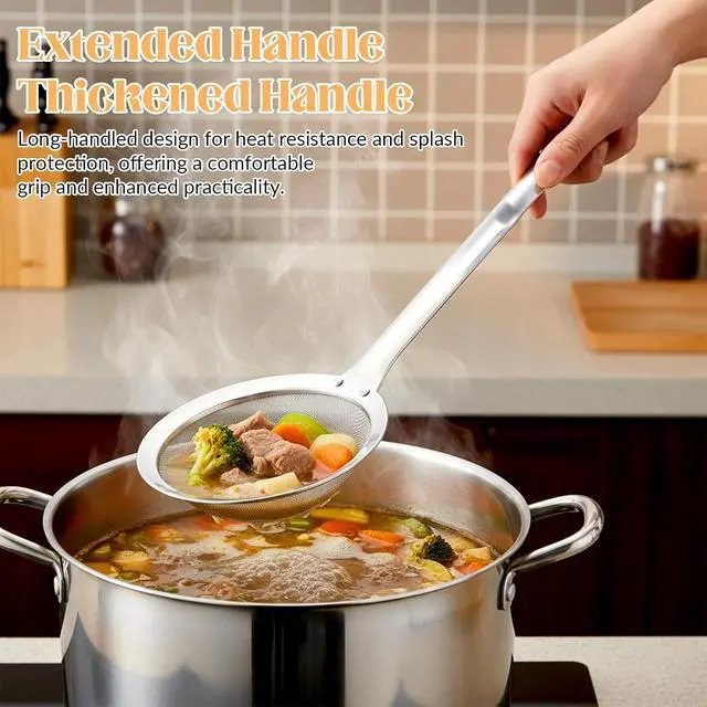 Alt view image 4 of 7 - Fat Skimmer Spoon Filter Grease Foam Fine Mesh Stainless Steel Sieve Colander, Fry Oil Filter for Cooking Extra Fine Strainer with Handle Handheld Sieve Spoon for Food Strainer Kitchen Gadget (Medium)