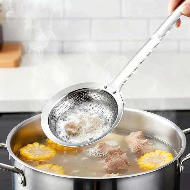 Alt view image 7 of 7 - Fat Skimmer Spoon Filter Grease Foam Fine Mesh Stainless Steel Sieve Colander, Fry Oil Filter for Cooking Extra Fine Strainer with Handle Handheld Sieve Spoon for Food Strainer Kitchen Gadget (Medium)