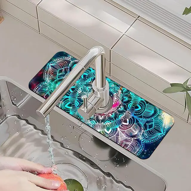 Alt view image 6 of 7 - Kitchen Faucet Mat Galaxy Mandala Geometric Star Field Sink Splash Guard Behind Faucet Draining Mat Kitchen Accessories Non-slip Easy to Clean for Bathroom & Kitchen 15"X5.5"