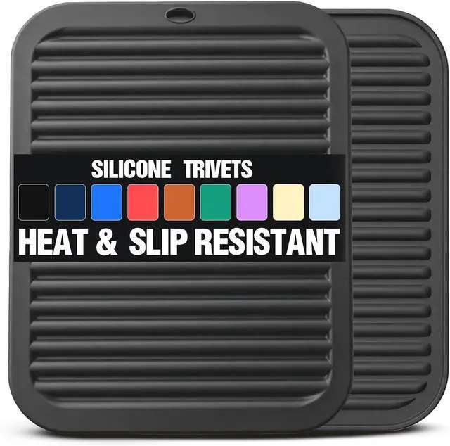Main image of Silicone Trivets for Hot Pots and Pans - 2 Heat Resistant Pot Holders Silicone Trivet Mat Multipurpose Counter Pads (Black)