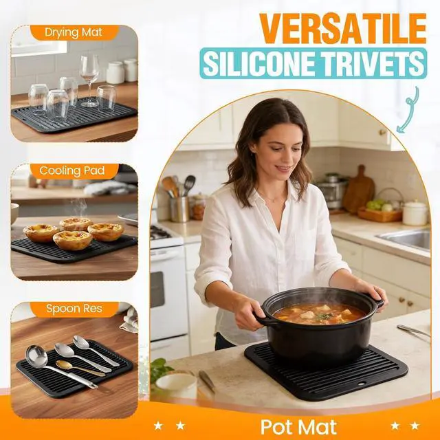 Alt view image 4 of 7 - Silicone Trivets for Hot Pots and Pans - 2 Heat Resistant Pot Holders Silicone Trivet Mat Multipurpose Counter Pads (Black)