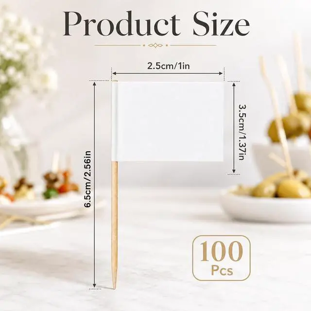 Alt view image 2 of 7 - 100 PCS Blank Toothpick Flags, Cheese Markers Blank Cupcake Topper Sticks Food Signs for Party Buffet Cheese Labels White Decorative Toothpicks for Appetizers Sandwiches Food Fruit Party Decoration